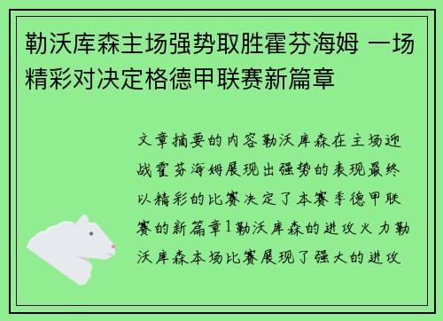 勒沃库森主场强势取胜霍芬海姆 一场精彩对决定格德甲联赛新篇章